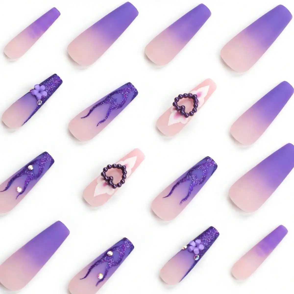 Black Friday y2k 24pcs hand-worn nail coffin A French wear nail piece purple pink flower super long diamond three-dimensional naXJ250110