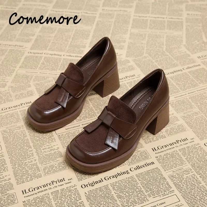 New Arrival Comemore Loafers chunky burst womens shoes brown leather high heels pump luxury womens shoes platform British style womens shoes T250110