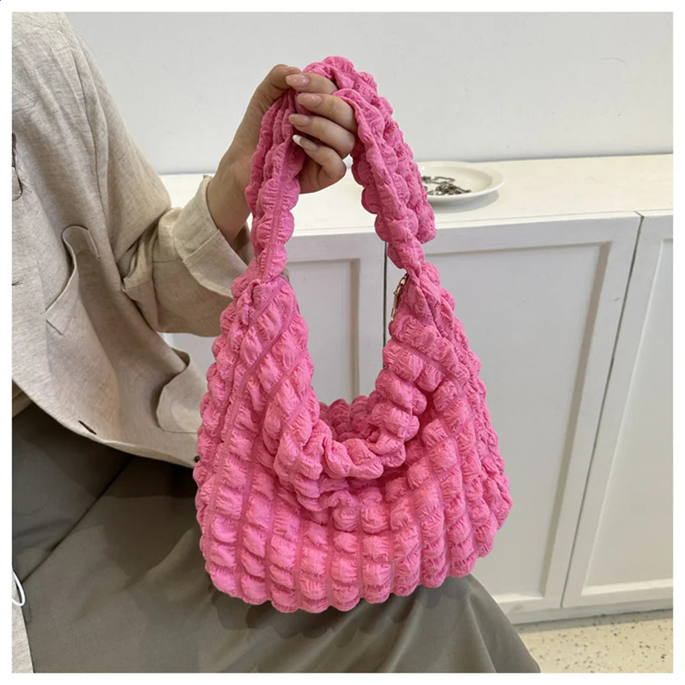 Embroidered Plaid Quilted Crossbody Bag Women Pleated Bubbles Cloud Shoulder Bags Large Tote Bucket Bag Ruched Handbags 250106