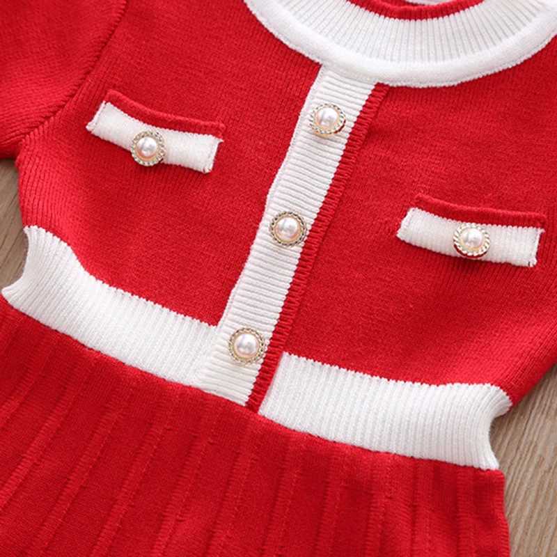 2025 Childrens Girls Spring and Autumn Dress Exquisite Pearl Round Neck Childrens Girls Frog Color Comparison Knitted Childrens Girls Dress W250111