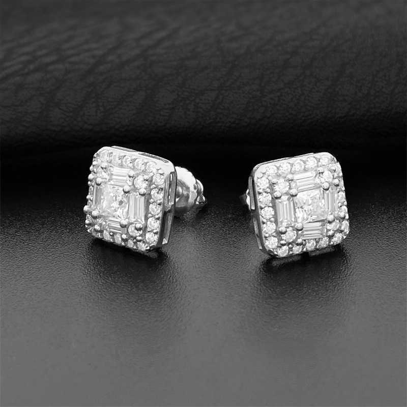 Square S925 VVS Moissanite Earrings Men Hiphop 925 Sterling Silver Baguette Moissanite Stud Earrings with GRA Certificate