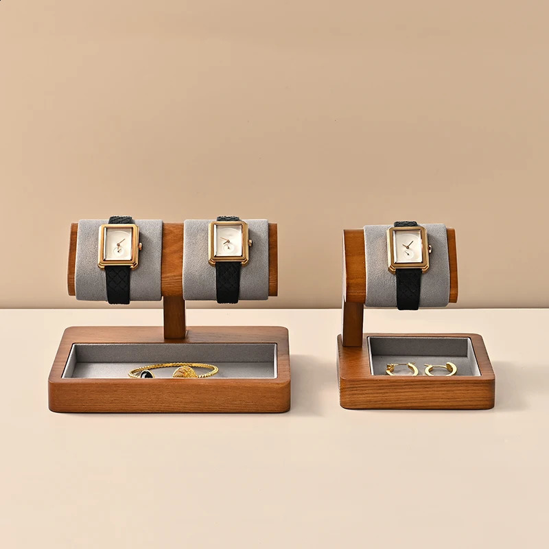 Oirlv Retro Wooden Watch Holder Display Ring Organizer Multi-Function T-Bar Jewelry Display Stand Solid Wood Watch Stand Holder 250106