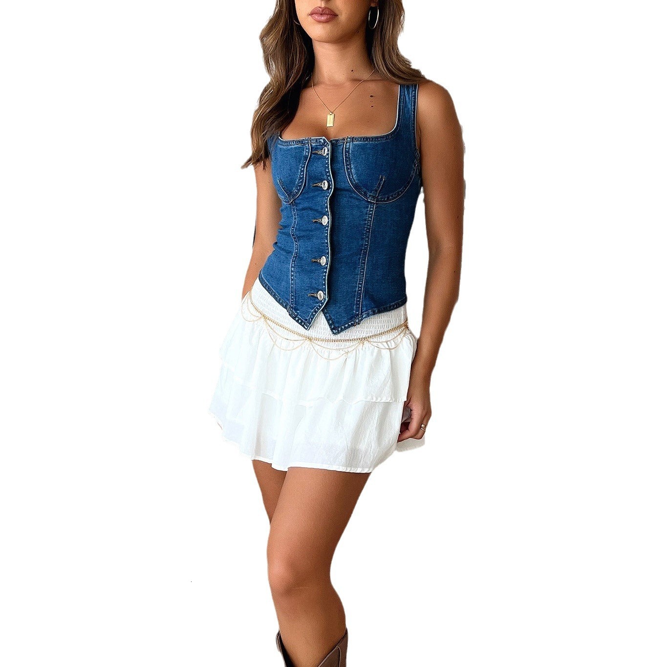 tank top designer t shirt women women's new dark denim vest with buckle shoulder straps solid color camisole top vest hot se