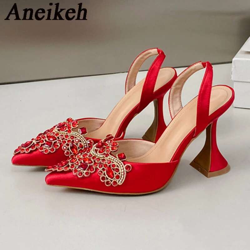 Aneikeh Strange Style Pointed Toe High Heels Mules Sandals Summer Fashion Crystal Rhie Party Wedding Banquet Shoes Pumps