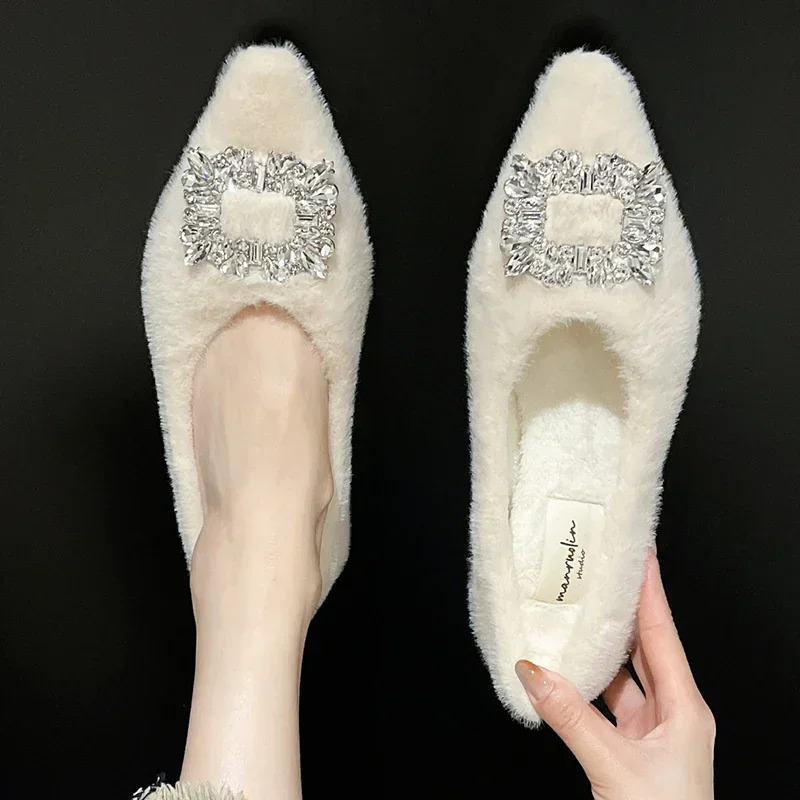 Winter Fur Flats Shoes Woman Crystal Pointed Toe Slip on Ladies Flat Shoes Female Sexy Boat Shoes Mocasines er 250106