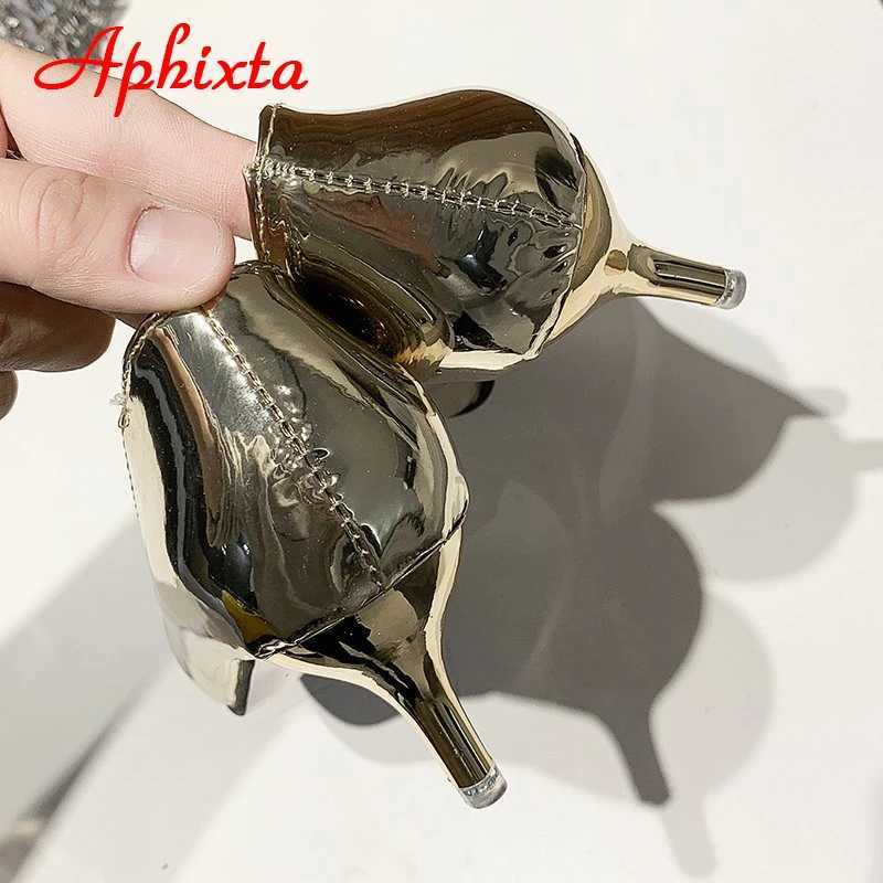 New Arrival Aphixta 5.5cm High Heels Womens Pump Shoes Fashion Pointed Toe Bling Golden Leather Sexy Party Official Shoes Womens Large Size 49 50 T250
