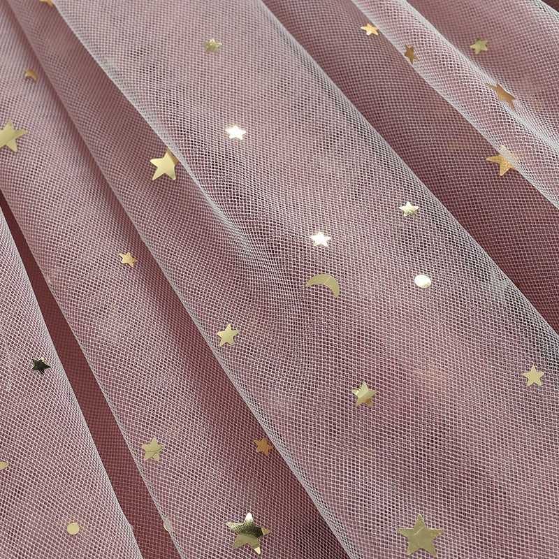Girl sequin star moon pattern layered chiffon Tutu dress crew collar long sleeved autumn princess childrens casual dress W250111