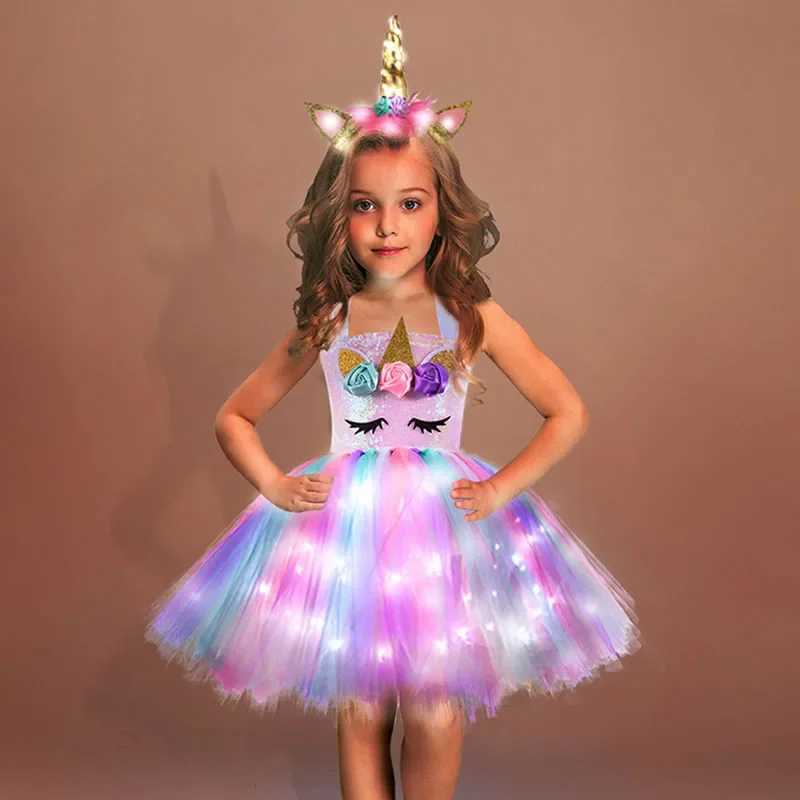 Girl rainbow lit Tutu childrens birthday dress Par glitter glowing knee length dress Halloween animal costume W250111