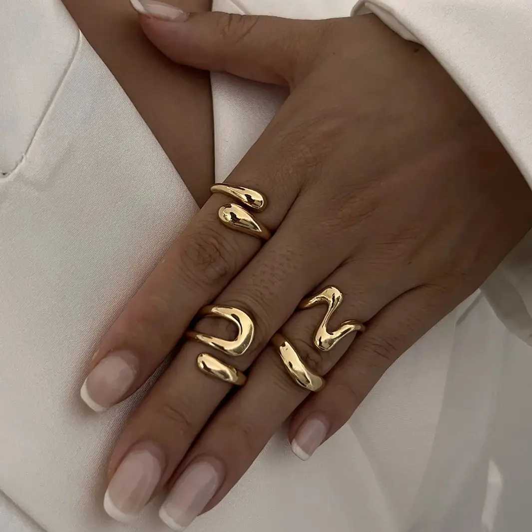 Punk Geometry Metal Irregular Ring Womens Retro Gold Curve Open Ring Set Fashion Neutral Jewelry GiftXJ250412