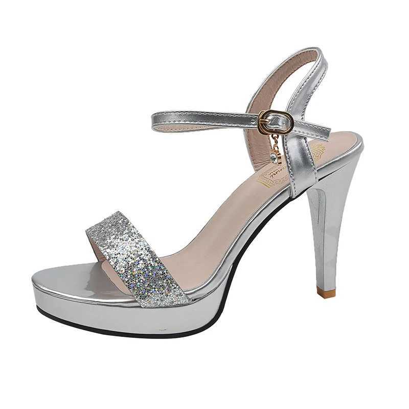 New Arrival Gold silver and sparkling womens high heels for summer with a platform pump and foot strap. Womens sexy slim high-heeled party shoes T2501