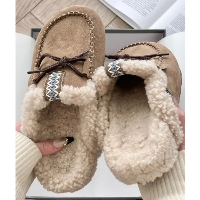 Bow Suede Platform Fur Slippers Women Flats Warm Mules Shoes Plush Cotton Flip Flops 2025 Winter Casual Fashion Women Shoes 250106