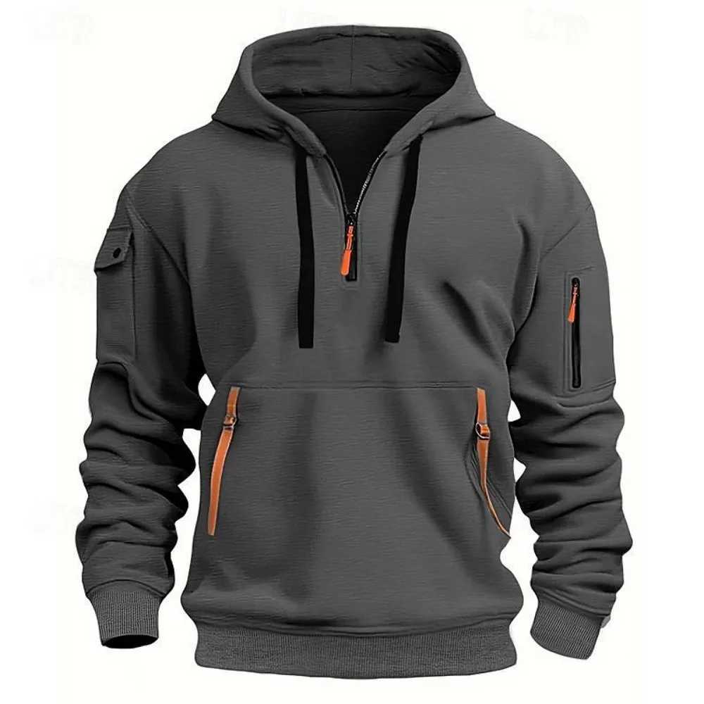 Autumn and Winter Mens Casual Sports Multi Zipper Pocket Sweater Pullover Hoodie Street Clothing Thin Wool Contrast Color W250110