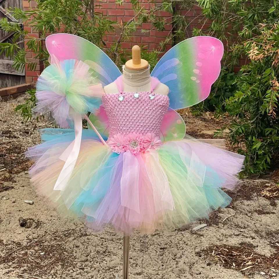 Girl Pink Butterfly Fairy Dress Children Flower Tutu Dress with Wings and Stick Hair Set Childrens Birthday Par Clothing W250111