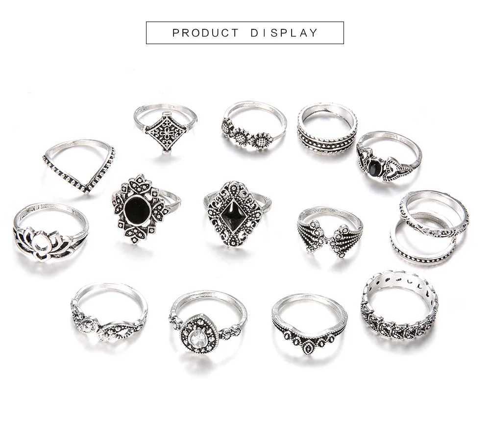 DIEZI 15 Pcs/set Bohemian Retro Crystal Flower Leaves Hollow Lotus Gem Silver Color Ring Set Women Wedding Anniversary GiftXJ250110