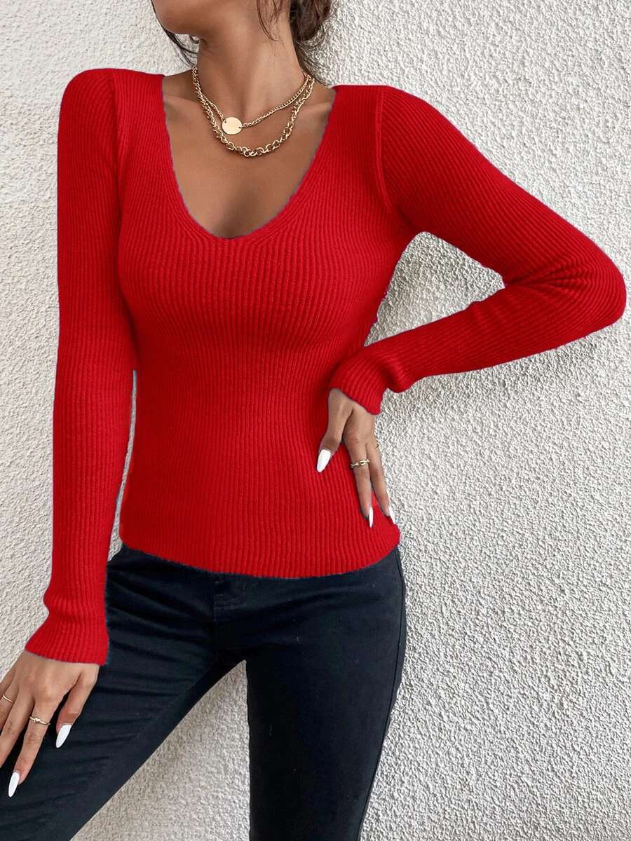 Winter To Spring Women Solid Rib Knit V Neck Stripe Pull Sweater Femme Y2k Long Sleeve Pullover Jersey Tops Fashion Clothes