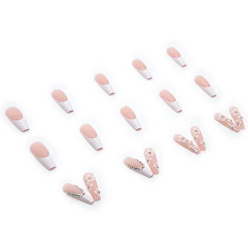 24pcs False Nails With Glue Flower Design Long Coffin French Ballerina Fake Nails Full Cover Acrylic Nail Tips Press On NailsXJ250110