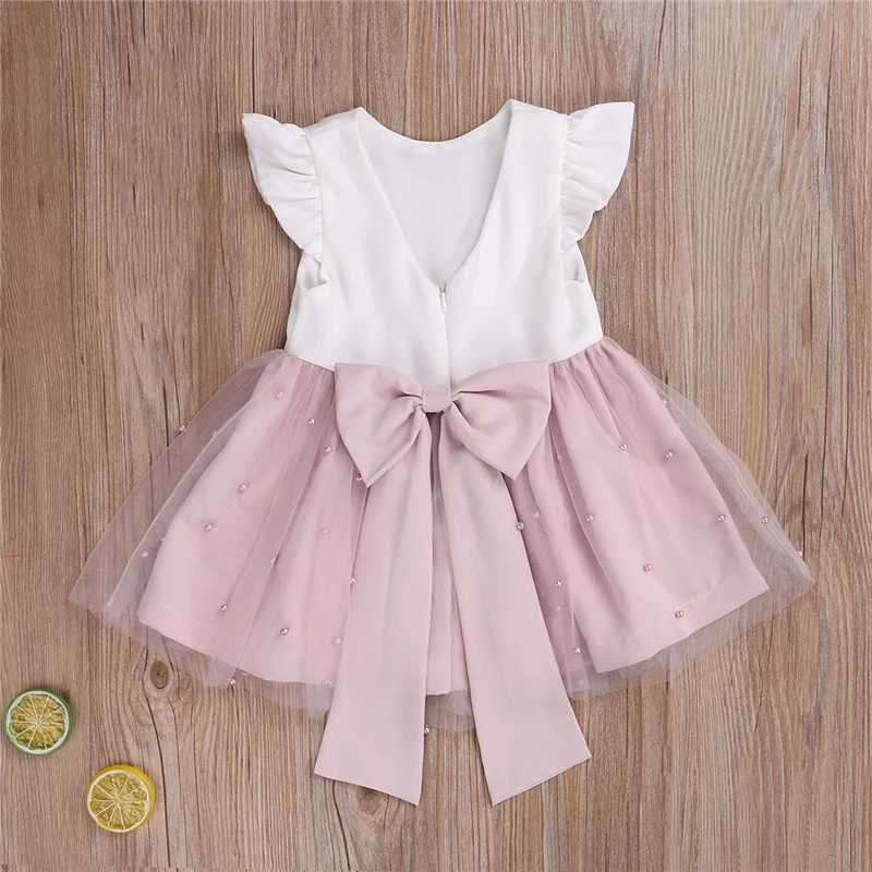 0-5Y Summer Princess Baby Dress Ruffle Sleeves Solid Pearl Lace Patchwork Back Bow Knot Tutu Dress W250111