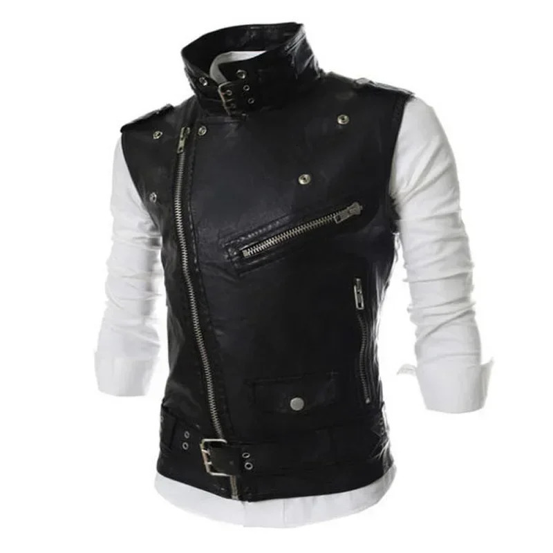 Mens Leather Waistcoat Korean Slim Fit Zipper Lapel Short Vest Coat Solid Color 250107