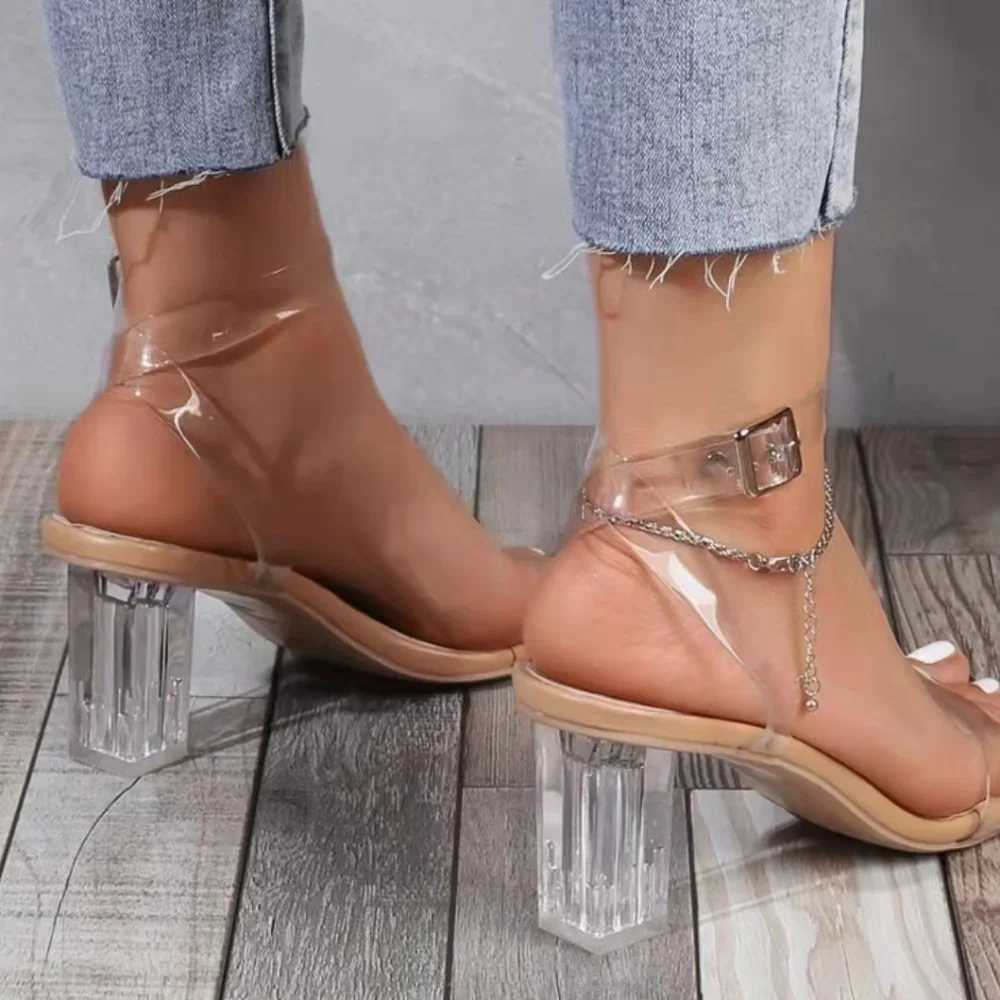 New Arrival Womens PVC Jelly Crystal Thick High Heel Transparent Sandals Fashionable and Sexy Summer High Heel Sandals Womens Pump Zapatillas Mujer T2