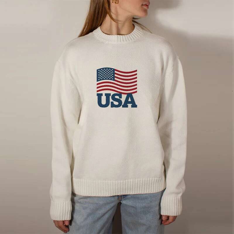 Women USA Letters Print Graphic Casual Aesthetic Sweaters Vintage Fashion Autumn Winter Haruku Streetwear Classic Clothes