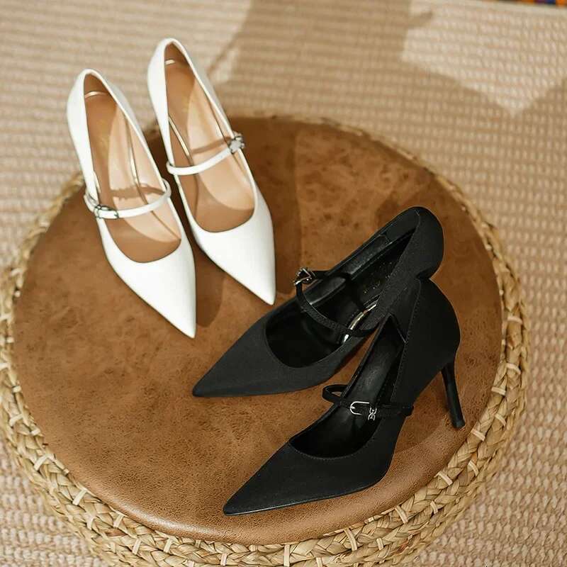Black New French Style Mary Jane High Heels With Thin Heels, Pointed One Piece Buckle, Fashionable Single Shoes
