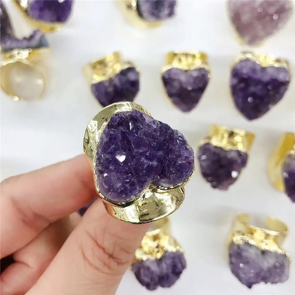 FUWO Wholesale Natural Amethysts Cluster Cuff RingsAmazing Heart Shaped Golden Plated Brass Jewelry For Women 5Pcs/Lot RG001G 250106