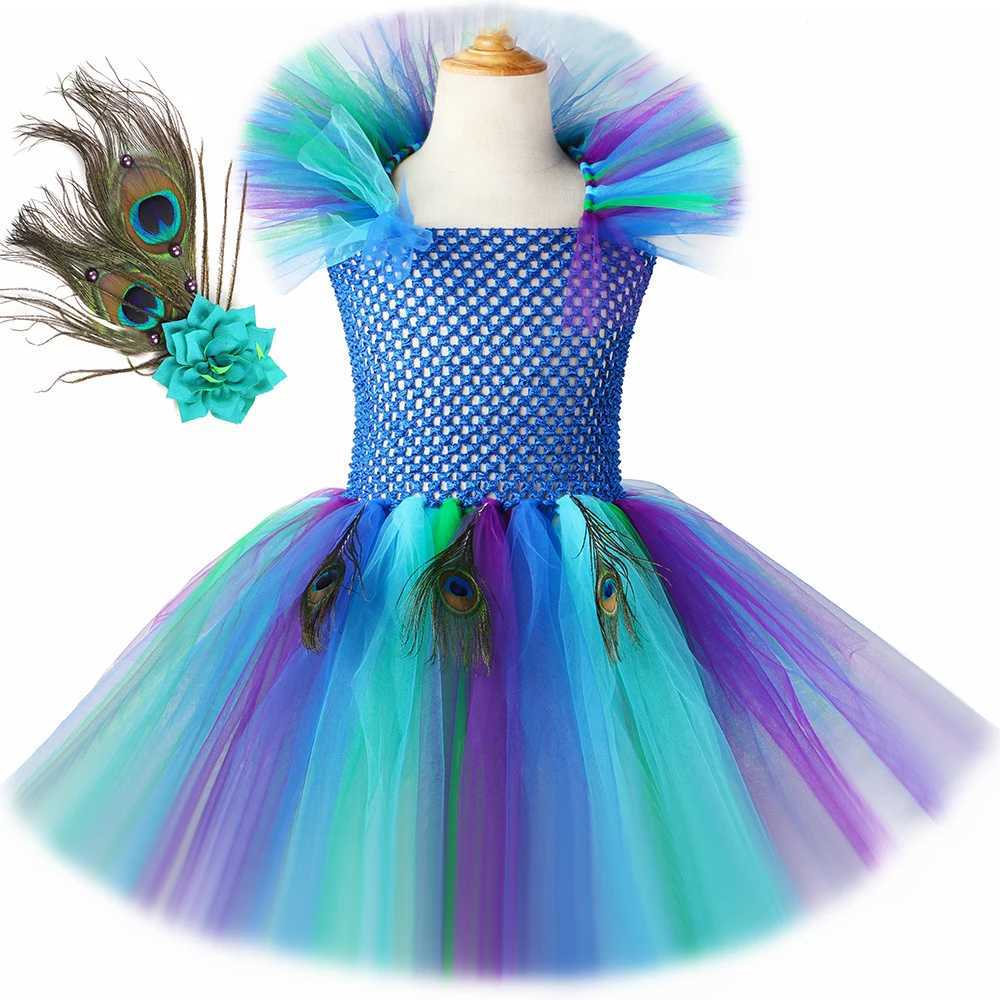 Girl Peacock Tutu Dress with Flower Feather Headband Fancy Peacock Princess Costume Childrens Halloween Carnival Par Purim Dress W250111