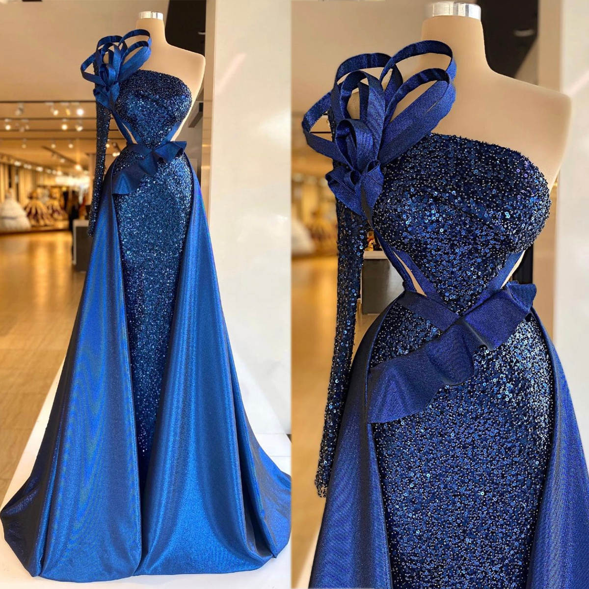 Gorgeous Elegant Mermaid Prom Dresses Designer Neck Sequins Appliques Long Sleeve Women Evening Pageant Gowns