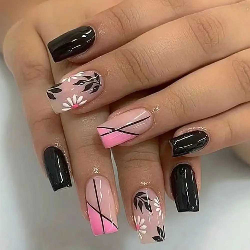 24Pcs/Box Rainbow French False Nails White Heart Pattern Shinny Fake Nials Long Square Nail Tips Full Cover Press on NailsXJ250110