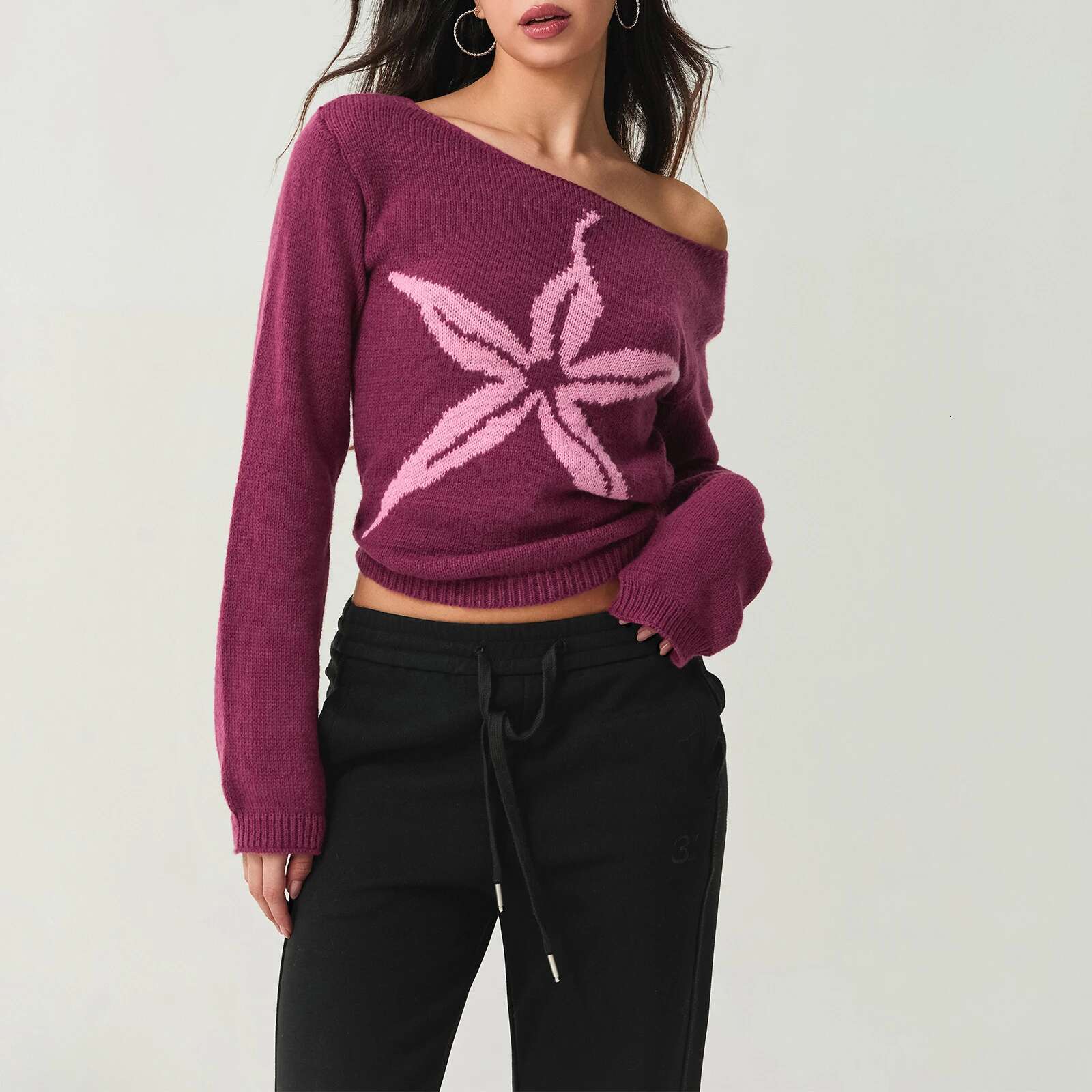Vintage Graphic Print Off Shoulder Sweater Women's Long Sleeve Knit Tops Haruku Streetwear Grunge Slim Fit Cropped Jumpers