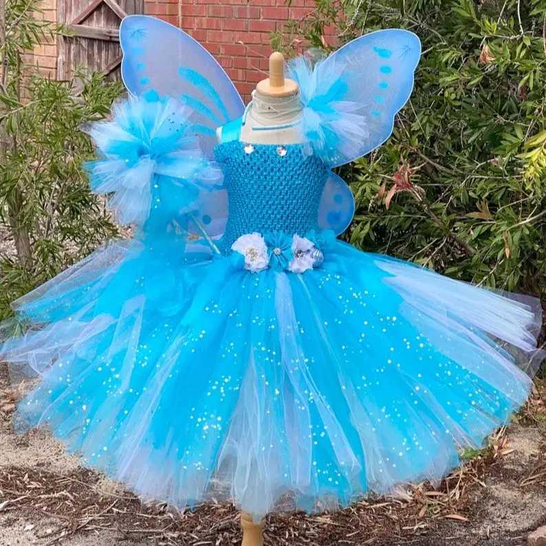 Girl Blue and White Sparkling Tutu Dress Childrens Flower Fairy Dress Butterfly Wing Stick Childrens Par Dress Princess Dress W250111