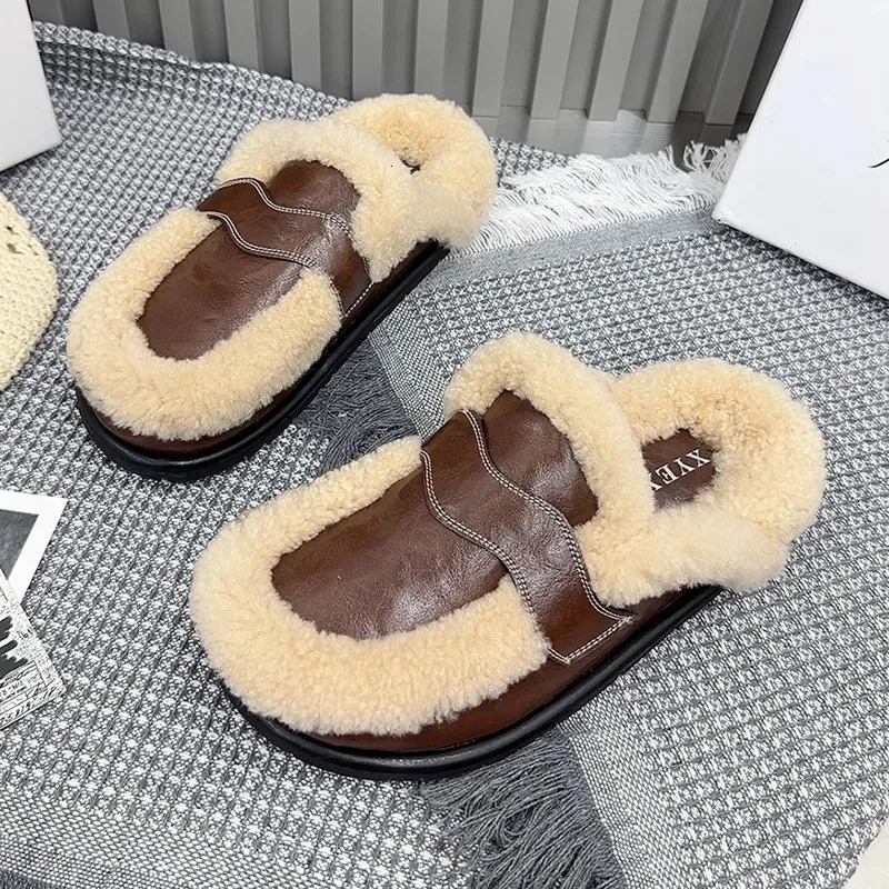Women Fur Flats Slippers Warm Home Cotton Shoes Winter 2025 Trend Short Plush Slingback Flip Flops Fashion Zapatillas Mujer 250106