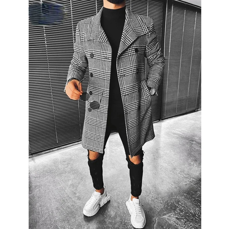 Trend Men Coat Autumn Winter Plaid Double Breasted Lapel Midlong Chic Wool Blends 250106