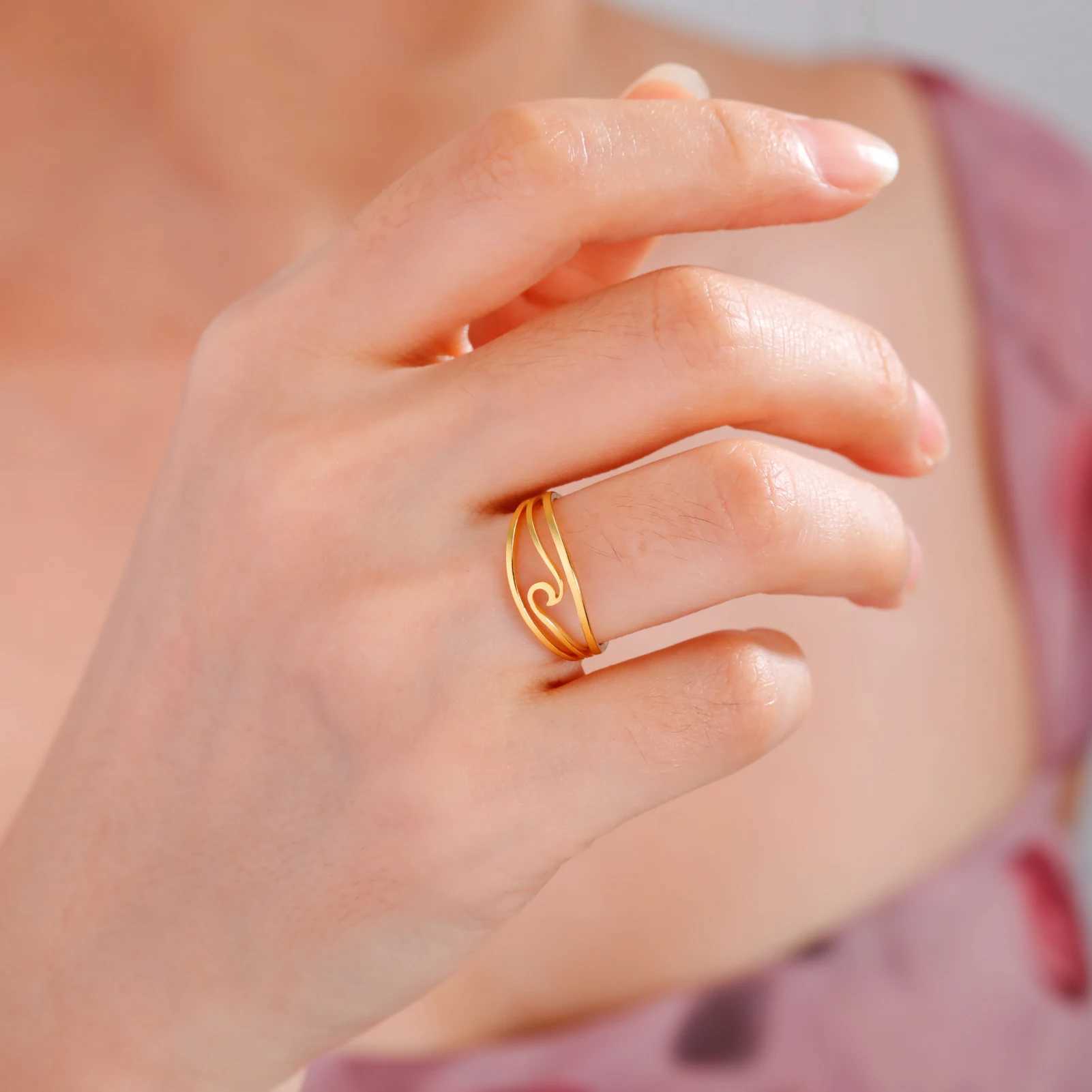 COOLTIME Simple Sea Wave Couple Ring 2025 Trend Ocean Surfing Stainless Steel Matching Ring Mens and Womens Wedding Birthday Jewelry W250207