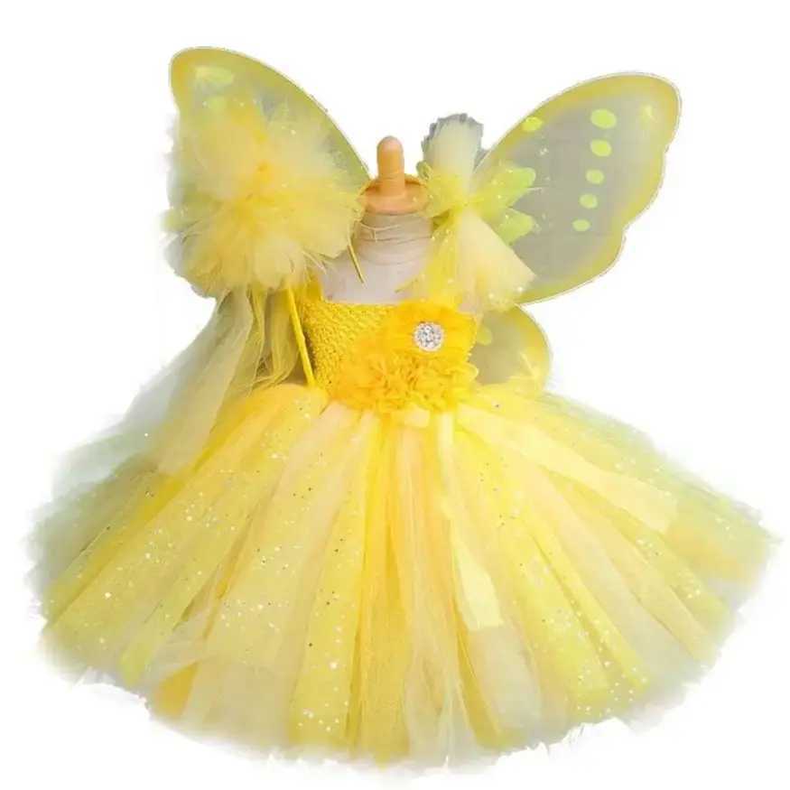 Girls Yellow Sparkling Flower Fairy Dress Childrens Butterfly Sparkling Tutus with Wings and Hair Childrens Par Clothing Set W250111