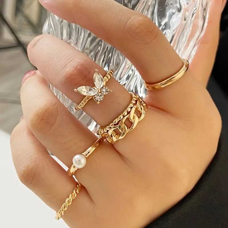 1Sets/6pcs Green Crystal Rings Set for Women Gold Plated Vintage Aesthetic Geometric Luxury La Jewelry Gift 2023 Fashion RingsXJ250110
