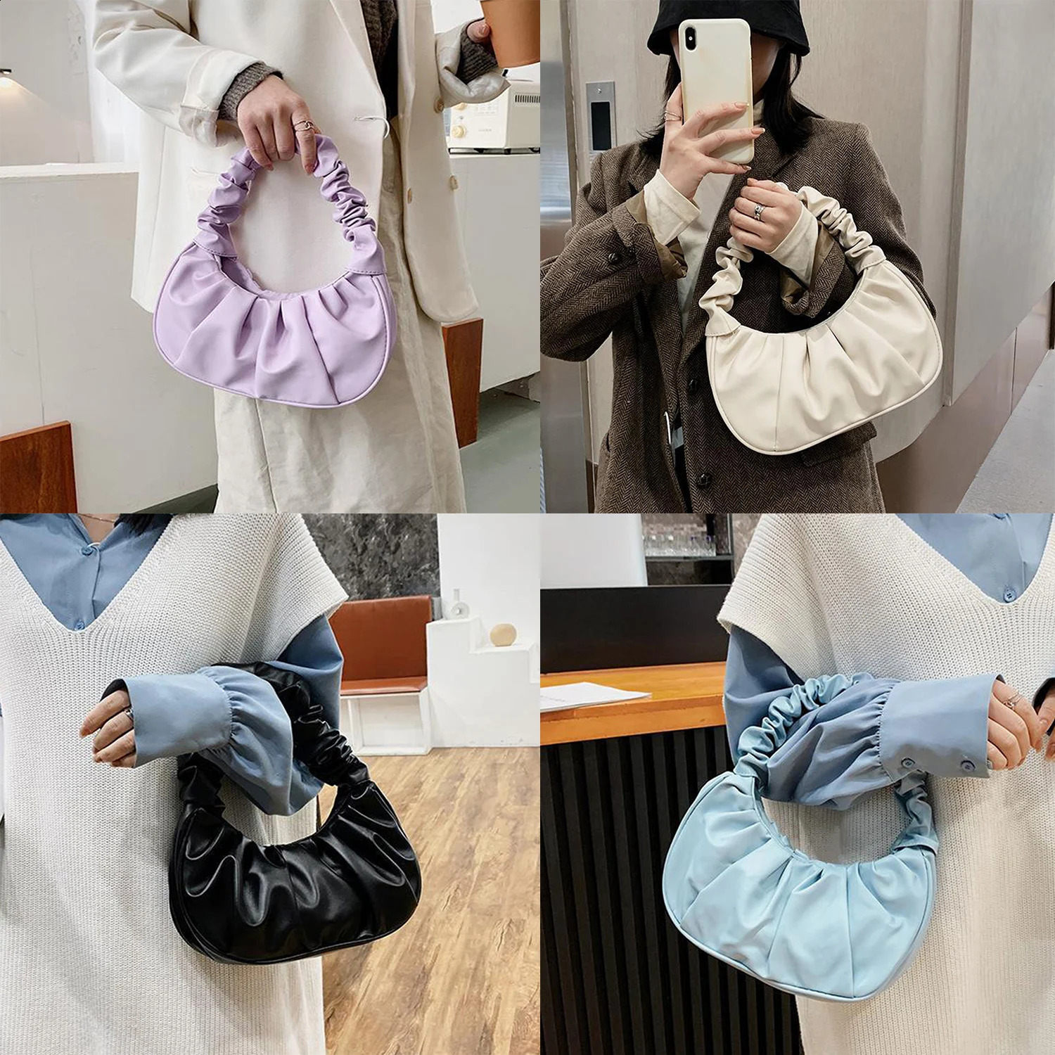 1 PC Summer Pleated Handbags For Women PU Cloud Bags Armpit Bag Shopping Shoulder Bags Dumpling Handbag 250106