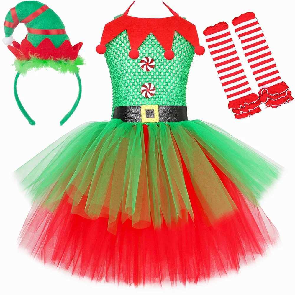 Girls Christmas elf costume childrens fancy Christmas costume set green and red childrens Christmas Par grid chiffon Tutu dress W250111