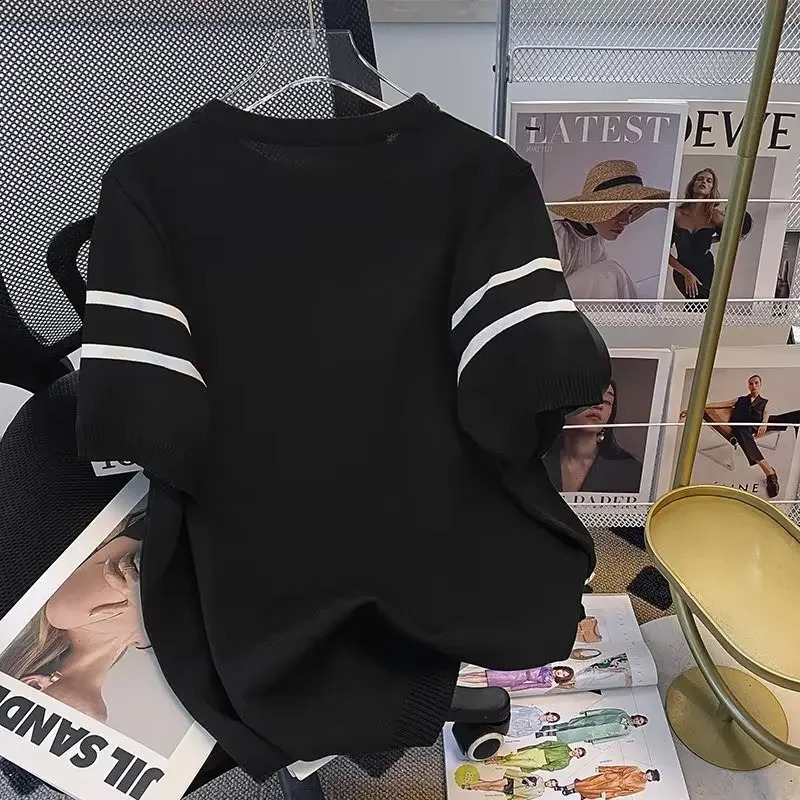 Mens Knit Short Sleeve TShirt Summer Thin Style Slim Fit Breathable Trendy Jacquard Striped Youth Wear Top 250108