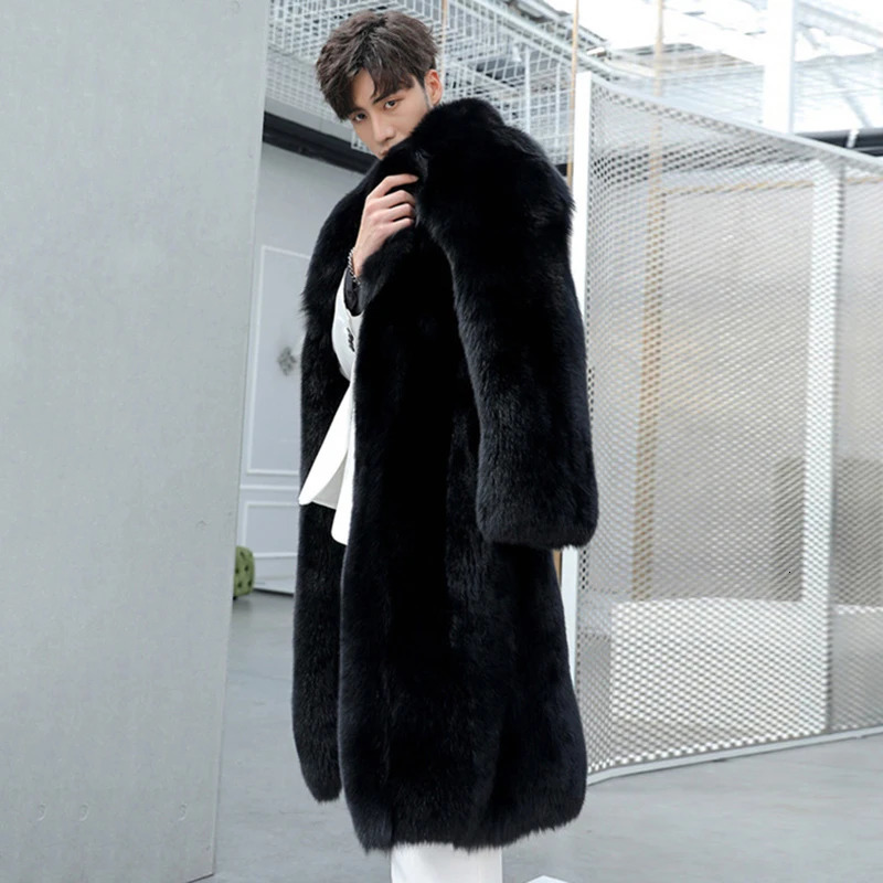 PFNW Autumn Winter Mens Black Lapel Faux Fur Coat Thickened Warm Knee Length Overcoat 2024 Trend Cardigan Coats 12C1886 250107