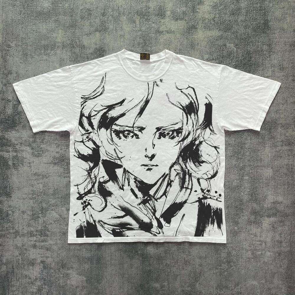 Japanese anime cartoon printed short shirt with a youthful and unique street feel, hand-painted graffiti half sleeved T-shirt