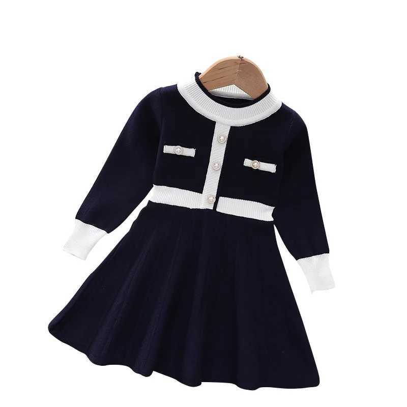 2025 Childrens Girls Spring and Autumn Dress Exquisite Pearl Round Neck Childrens Girls Frog Color Comparison Knitted Childrens Girls Dress W250111