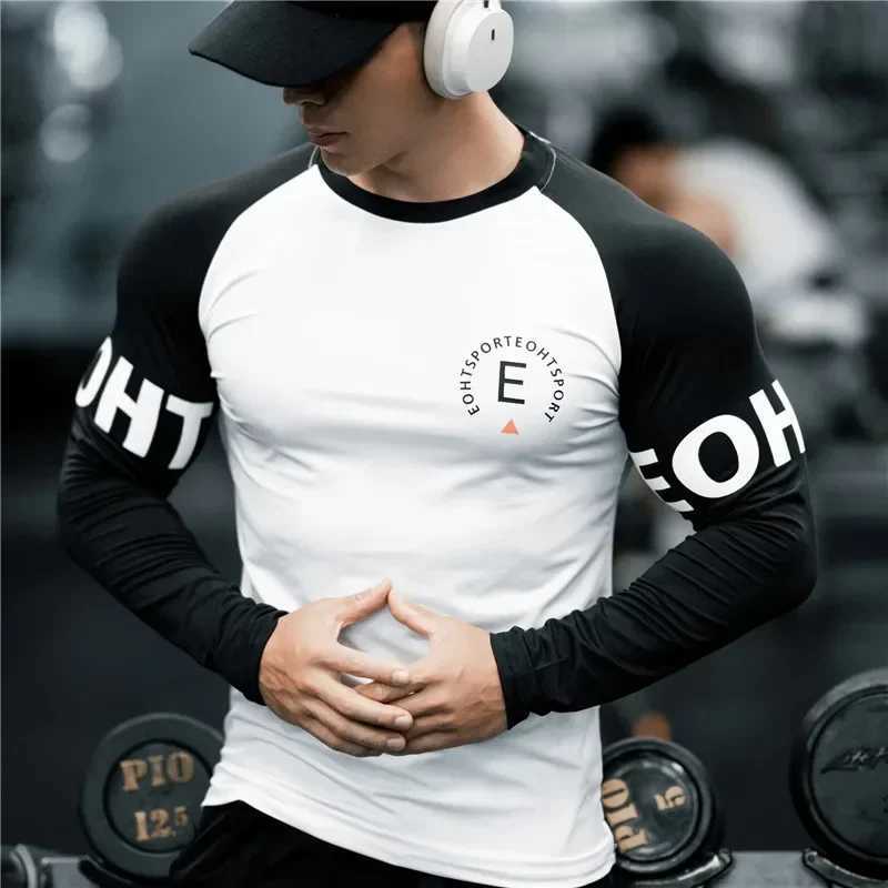 Mens T-shirt sports fitness shirt mens long sLeeved T-shirt quick drying breathable tight fitting suitable for training top W250111