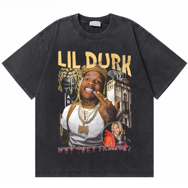Men's T-Shirts Washed Vintage Rapper Lil Durk Graphic T-shirt Mens Hip Hop Casual T-shirt Mens Cotton Ultra fine T-shirt Mens Fashion Street Clothing J240111