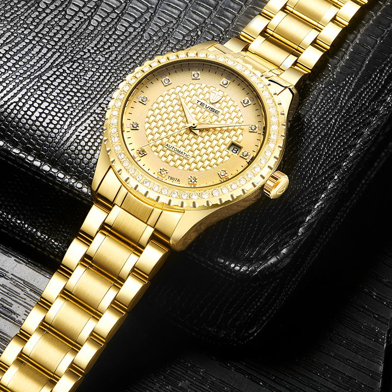 TEVISE Automatic Mechanical Mens Watch Business Casual Gold-plated Diamond encrusted High-end Wrist Watch high quality T048-T807A