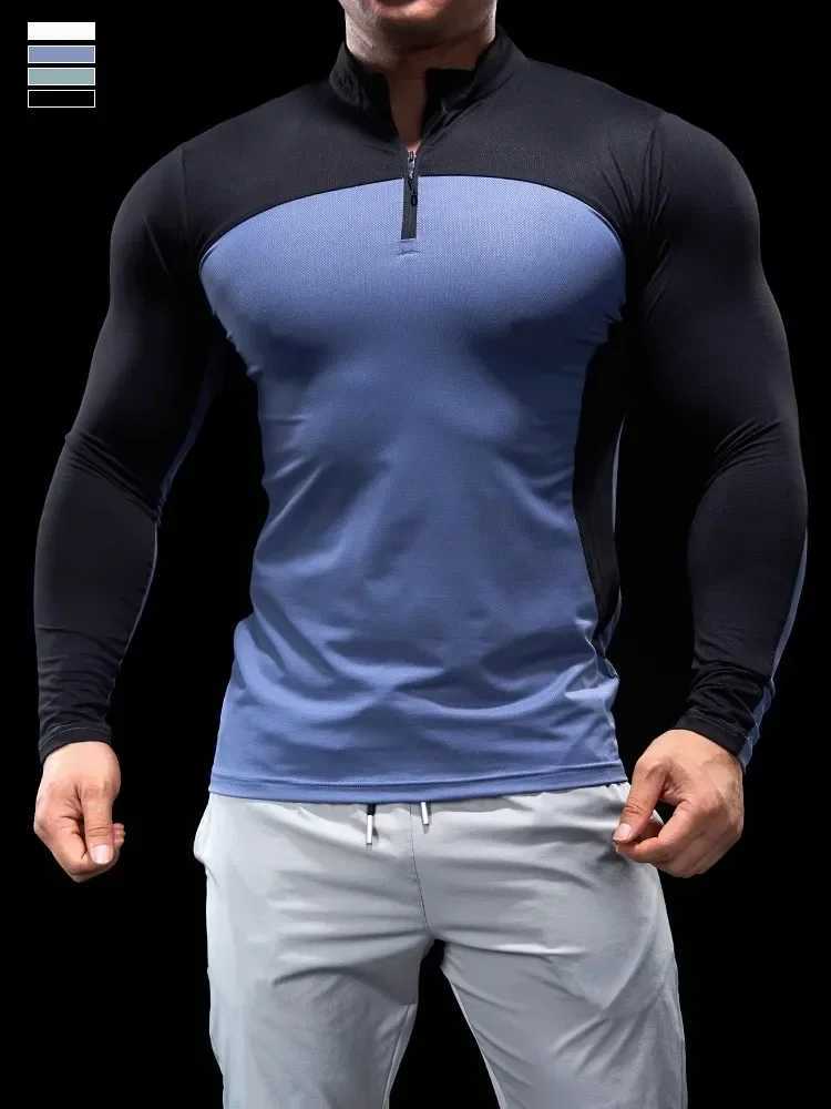 Mens Spring and Autumn Long Sleeve Tight Fitness Clothing Polo Shirt Half Zipper Quick Drying Elastic Exercise Slimming Fitness Top W250111