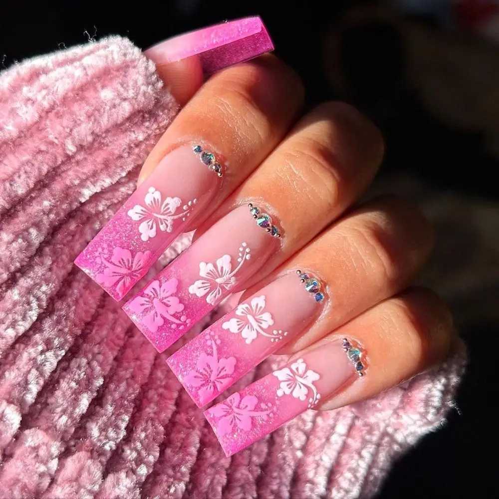 24pcs Long Ballerina Fake Nails Blue Crystal Flowers Pink Bow French False Nails Full Cover Press on Nails DIY DetachableXJ250110