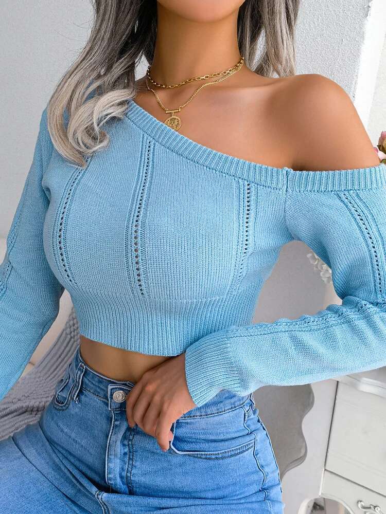 Sexy Knitted One Shoulder Crop Top Women Fashion Long Sleeve Tops Casual Hollow White Thin Sweater Autumn Winter Pullover 2022