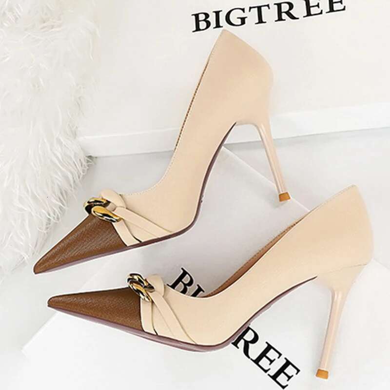 Banquet High Slim Heels, Light Cut, Shoes, Single Shoes Color Blocked, Pointed Metal Chain Decoration, Women's