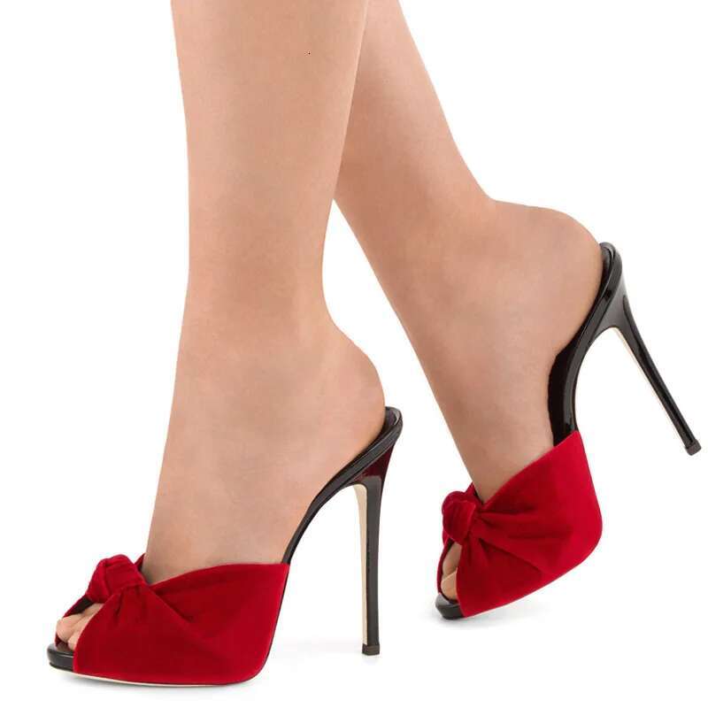 Sexy Red Veet Knot Stiletto High Heels Slipper Sandals Women Open Toe Summer Sgbacks Outfit Street Dress Shoes